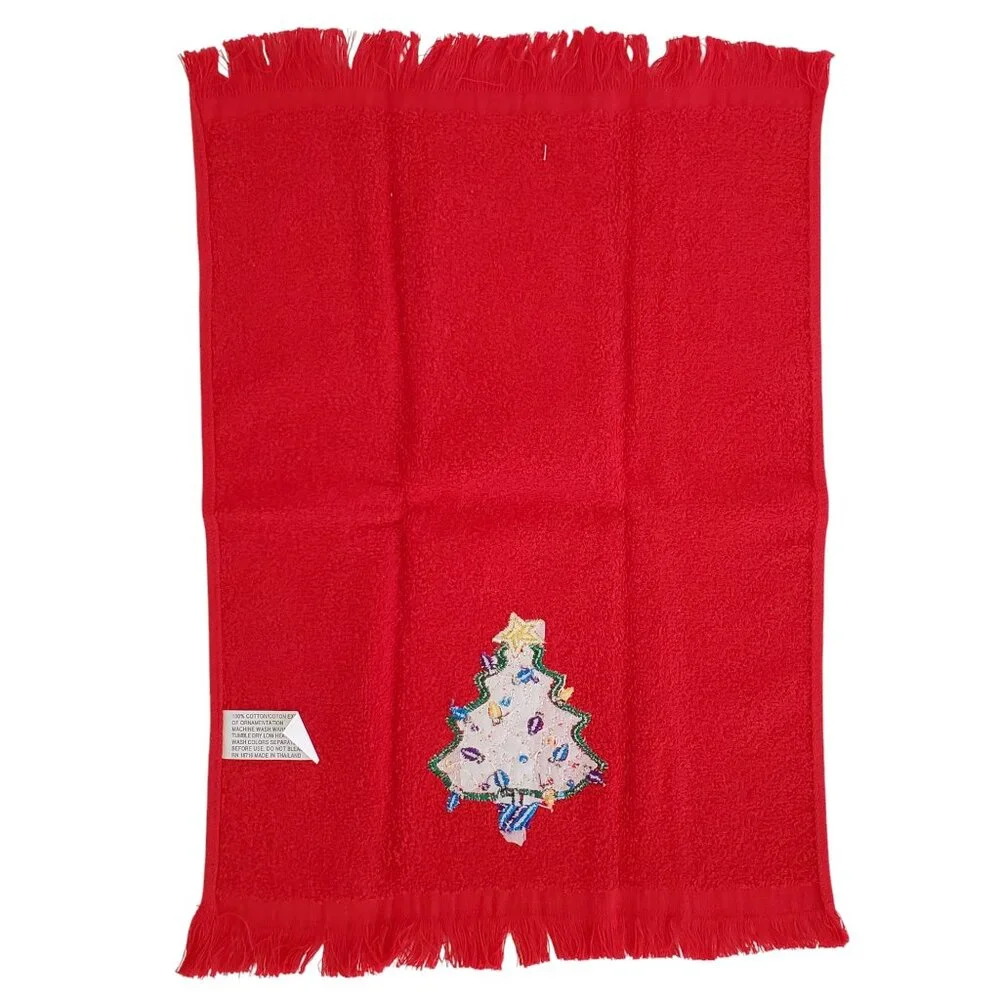 Christmas Holiday Fringe Fingertip Towels 3 Green 1 Red Applique Tree & Ornament